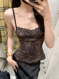 Summer Gothic Grunge Chic Sling Leopard Top Women Lace Slim Short Sexy Camis Female Fashion Sleeveless Lady Camisole Blouse 2024