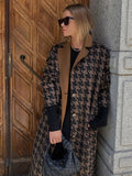 Houndstooth Printed Long Coat Winter Women Woolen Lapel Single Breasted Fashion Jacket Female Long Sleeve Autumn Outerwear 2023