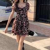 Summer New Print Floral Short Dress Women Square Collar Puff Bubble Sleeve Dresses Pleated  A-line Dress