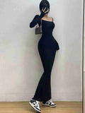 Ribbed Solid Long Sleeve Square Neck Skinny Maxi Dress Fall Sexy Evening Party Elegant Vestido Kleider Robe Ladies Long Dresses