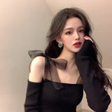 New Autumn Sexy Off Shoulder Sweaters For Women Vintage Mesh Lacing Bow Slim Korean Fashion Crop Sweater Top