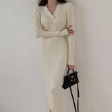 Winter Slim Women Long Dress V Neck Sexy High Waist Knitted Long Sleeve Solid Color Outwear Sexy Women Dress Fashion