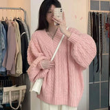 Getadme-Autumn Winter Women Sweater Harajuku Oversized Long Sleeve V Neck Knitted Pullover Korean Loose Solid Preppy All Match Jumper