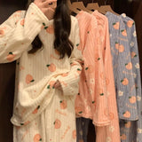 Getadme-Autumn and Winter Ladies Cute Kawaii Two-Piece Set Water Peach Coral Velvet Pullover Pajamas Plush Thickened Loose Homewear