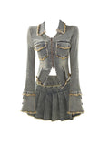 Getadme 2 Fall Women Korean Fashion Vintage Tide Denim Rave Outfits 2 Piece Set Long Sleeve Jean Jacket + Y2K Gyaru Mini Pleated Skirts