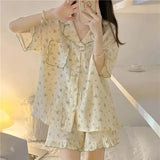 Getadme-Flower Print Sleepwear Women Pajama Sets Korean Style Summer Piiama 2 Pieces Night Wears for Sleeping Student Cute Home Suit