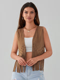 Women Fringe Vest Open Front Rivets Tassel Sleeveless Vest Coat Vintage Cowgirl Hippie Casual Jacket Outwear