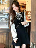 QWEEK Preppy Style School Dress Polo Korean Fashion Kawaii Student Fake Two Pieces Mini Short Dresses 2023 Autumn Chic