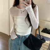 Mesh Long Sleeves Shirt Women Autumn Design Sense Niche Pleat Slim Fit Bottoming Shirt Short Top Female Korean Fashion Tops 2024