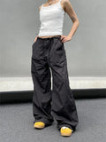 Black Oversized Parachute Pants Women Wide Cargo Trousers Japanese Style Casual Pleated Joggers Streetwear Vintage Y2k