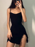 Getadme Dark Gothic Sexy Black Dress Women Streetwear Aesthetic Y2k Spaghetti Strap Lace Patchwork Irregular Hem Dress Female