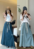 S-XL 2Colors Long Denim Skirt 2024 korean style High Elastic Waist  Lace Up A Line Ball Grown Long Jeans Skirts Style (L60098