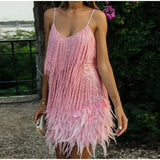 Getadme New Sexy Tassel Sequins Feather Mini Dress Women Spaghetti Strap Stitching Dresses Female Elegant Evening Party Club Dress