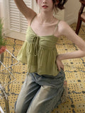 Women Linen Sweet Babydoll Ruffle Crop Sleeveless Top Thin Strap Front Bow Flowy Camis Female Korean Tank Top