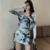 Getadme-2pcs Set Autumn  Tie-dye Design Sense Tube Top Dress Women Fashion Cardigan Top Two-piece Suit