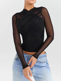 Getadme Sheer Mesh Long Sleeve Sexy T-shirt Women Autumn New V Neck Zipper Layered Skinny Club Party Sexy Tops