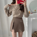 MEXZT Slit Mini Skirts Women Korean High Waist Solid Irregular Skirts Office Lady Fashion Stretchy Chic Simple A Line Skirts New