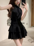 Getadme Elegant Satin 2 Piece Dress Set Women Summer Sleeveless Y2k Crop Tops + Mini Skirt Female Even Party Black Dress Korean