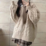 Getadme-Autumn Winter Women Sweater Harajuku Oversized Long Sleeve V Neck Knitted Pullover Korean Loose Solid Preppy All Match Jumper