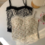 Lace Flower Print Cami Crop Tank Tops Summer Camisole Women's Tube Top Elegant Slim Short Tanks Vest Sexy Y2k Pearl