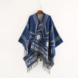 Getadme-Cloak Poncho Capes 2024 New Indian Nepalese Style Geometric Tassel Split Women Shawl Warm Air Conditioning Room Lady Blue