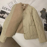 Getadme 3 Women cotton jacket khaki color lamb wool cotton jacket plush thickened round neck single breasted minimalist jacket