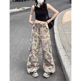 Retro trendy brand camouflage women work pants ins sweet and cool style high street clothing wide leg long pants with bound feet