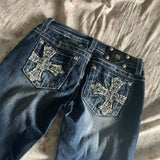 Boot Cut Jean's Bling Rhinestone Embroidered pocket Signature Cuffed Capri Jean Oversize Denim Pants High Waist Straight Leg