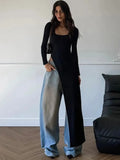 Woman Clothing Long Sleeve High Slit Black T-shirt Dress Y2K Streetwear 2024 Fall Ladies High Waist Slim Irregular Long Dresses