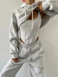 Getadme-Fashion 3 Pieces Hoodies Set Women Spring Tracksuits Hooded Long Sleeve Cropped Sweatshirt Bandage Corset Long Sweatpants Suit