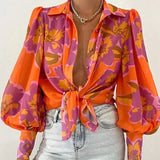 Getadme Fashion Lapel Lantern Sleeve Blouses Spring Office Lady Vintage Floral Print Shirts Tops Button Up Long Sleeve Shirt