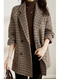 Getadme  New Vintage Houndstooth Women Woolen Blazer Double Breasted Plaid Female Suit Jacket Fashion Korean Outerwear Loose Blaser Coat