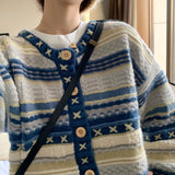 Getadme-Autumn Vintage Cardigan Sweater Blue Long Sleeve Sweater Coat V-neck Casual Knitted Jumpers Womens Korean Style Clothes