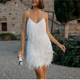 Getadme New Sexy Tassel Sequins Feather Mini Dress Women Spaghetti Strap Stitching Dresses Female Elegant Evening Party Club Dress