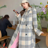 Korea Winter Plaid Woolen Overcoat Women Casual Sweet Long Coats Double Breasted Y2k Clothing Fashion Loose Trench Coats Jacket