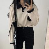 Getadme-Casual Women Sweatshirts Hoodies T-shirts Korean Fashion Preppy Tops Female Autumn Long Sleeve Polo Collar Basic Pullovers Tees