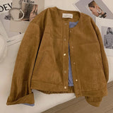 Suede Short Jacket Women Korean Camel Fashion Long Sleeve Flight Suit Harajuku Single Breasted Loose Tops Female Vintage Coats