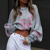 OMSJ Wasteland Style Fashion Contrast Hole Sweater Women Woolen Knitted Loose Baggy Casual Hottie Crew Neck Pullovers Streetwear