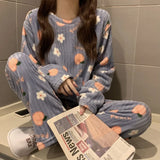 Getadme-Autumn and Winter Ladies Cute Kawaii Two-Piece Set Water Peach Coral Velvet Pullover Pajamas Plush Thickened Loose Homewear