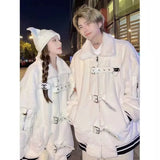 Korean Two-color Leather Buckle Lambswool Jacket Men Women In Winter Loose High Street Wild Couple Cotton-padded Coat Tops