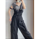 Getadme-Denim Jumpsuits Women High Waisted Cargo Trousers American Streetwear Teens Hipsters Pure Big Pockets Vintage Jean Wholesale