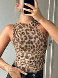 Leopard Print Jumpsuit Women Tulle Ruched Irregular Sleeveless Lady Bodysuit 2024 Summer Backless Beach Slim Halter Playsuit