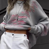 OMSJ Wasteland Style Fashion Contrast Hole Sweater Women Woolen Knitted Loose Baggy Casual Hottie Crew Neck Pullovers Streetwear