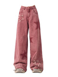 Getadme Pink Star Straight Leg Jeans Women's Summer Design Feel Y2K Loose and Slim Wide Leg Casual Pants