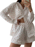 Getadme-Women’s 2 Piece Pajamas Set Long Sleeve Heart Print Button Up Shirt + Shorts Set Loungewear