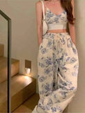 Getadme Sexy Y2k Floral Two Piece Top Pant Set Women Korean Casual High Street Summer Suits Elegant Mini Top Long Wide Leg Pants