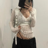 Getadme-Coquett Y2K Women's Knit Sweater Hollow Out Knitwear V Neck Pullovers Spring See Through Jumper Harajuku Fashion Grunge