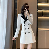 Getadme-Spring Women New High End Celebrity Style Slim Suit A-line Dress Korean White Mid Length Blazer Dress For Splicing Coat