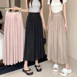 Women Elegant High Waist Maxi Lace Up Skirt Summer Ladies Casual Elastic Waist Pleated Long Skirts Fairy A-line Mid Length