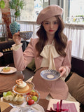 Winter Elegant Two Piece Set Women Korean Fashion Bow Sweet Party Dress Set Female Long Sleeve France Chic Mini Dress Suit 2023